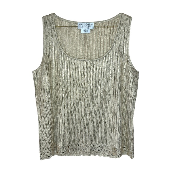 Vintage Early 2000s St. John Evening By Marie Gray Sheer Gold Sparkly Knit Top M - Picture 1 of 7